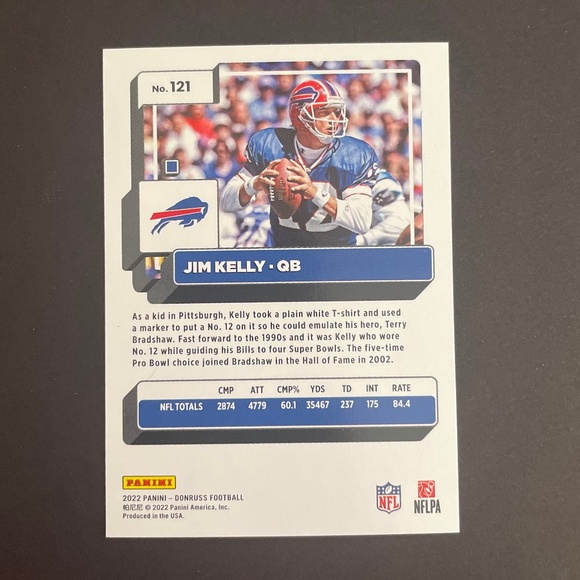 Jim Kelly: Buffalo Bills, Quarterback 2022 Panini Donruss Football #121 - Picture 2 of 2